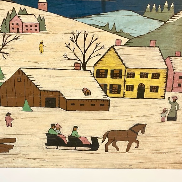Vintage Folk Art Sleigh Ride Painting on Board 16 x 12 American Snow Horse Farm - Picture 5 of 11
